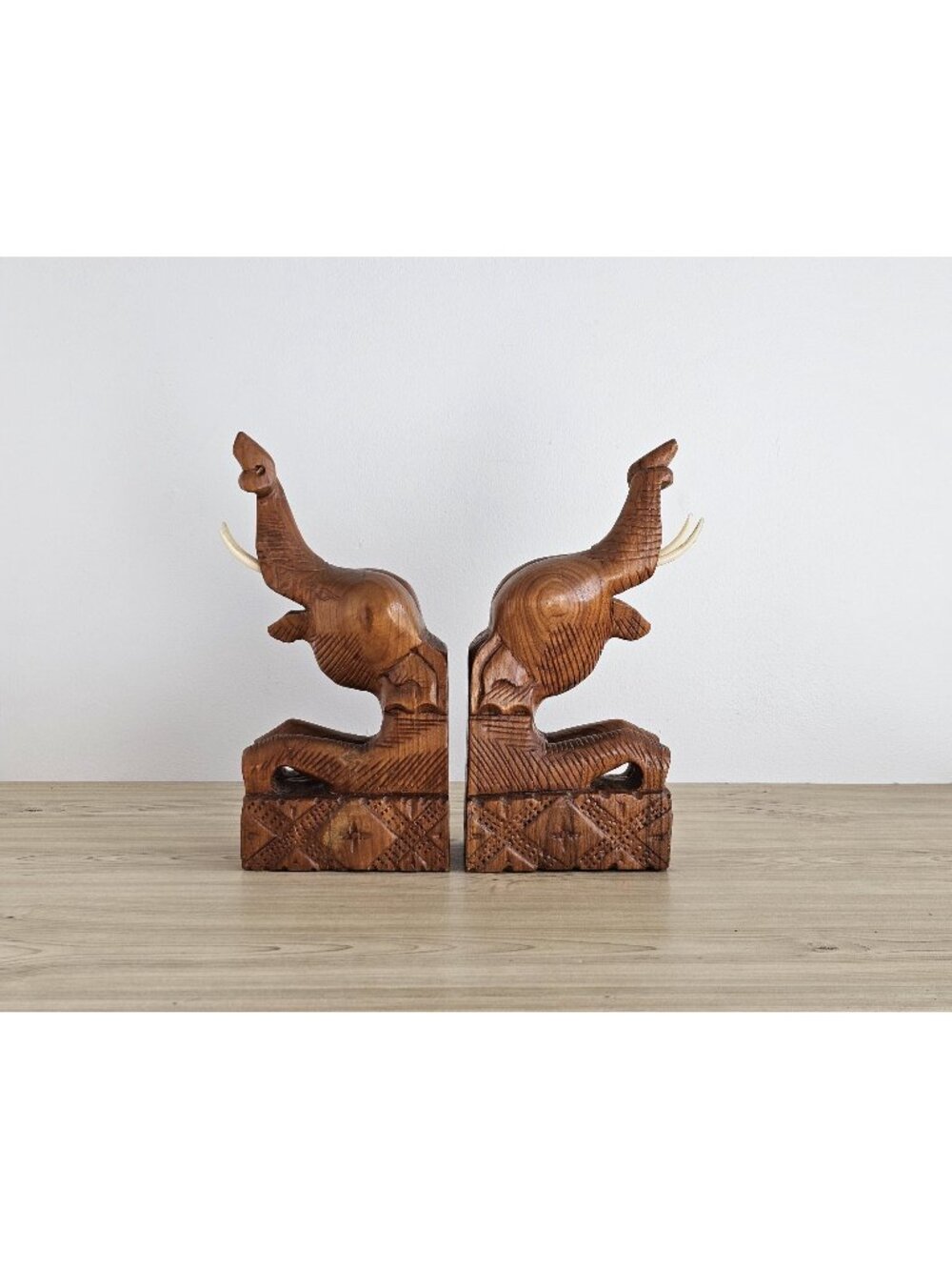 Vintage Teak Elephant Bookends Hand Carved Trunks Up Made In Thailand
